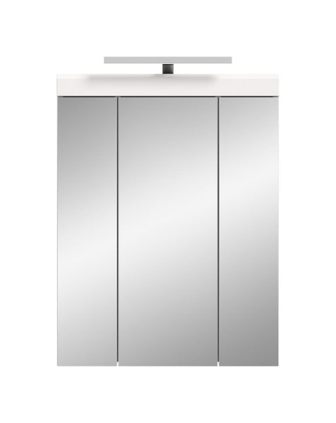 Dreitüriger Badezimmer-Spiegelschrank mit oben montierter LED Beleuchtung.