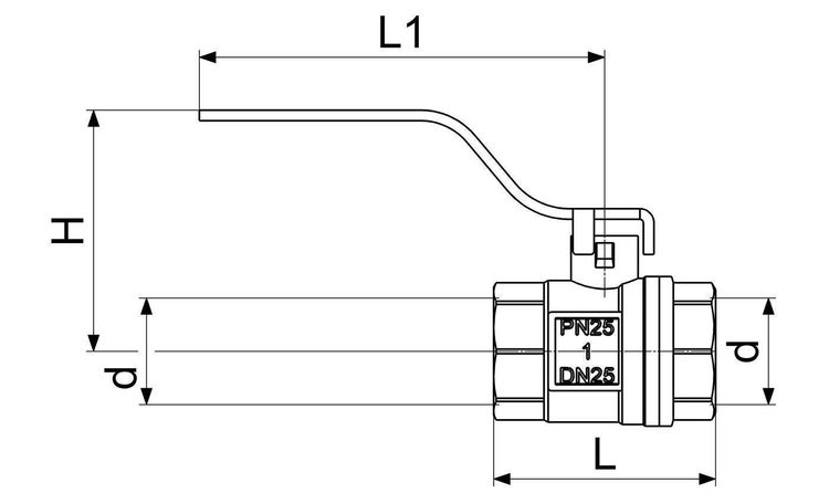 Technische Zeichnung eines Kugelhahn mit Maßangaben H, L, L1 und d, geeignet für Nennweite DN25 und Druckstufe PN25.