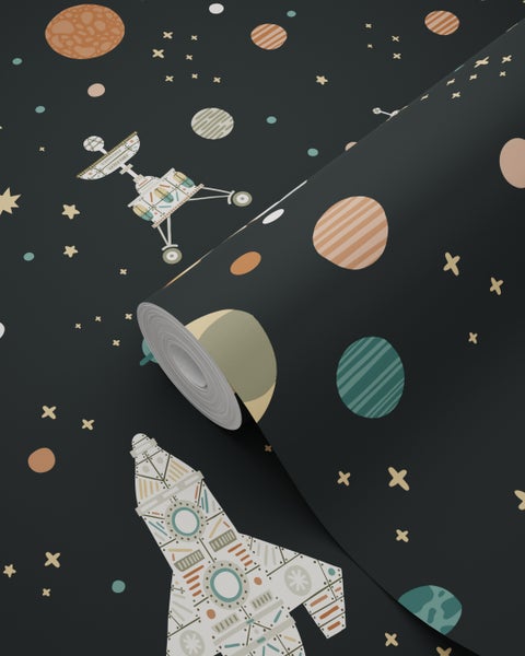 Vliestapete mit Weltraum-Motiv, Planeten, Rakete und Mondlandefähre.