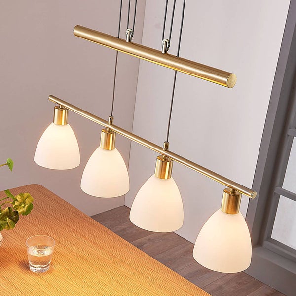 Lindby Hängelampe 4 flammig, höhenverstellbar Esstisch Pendelleuchte Glas Metall Messing matt Hängeleuchte Esszimmer Wohnzimmer Küche Bar Balkenpendelleuchte
