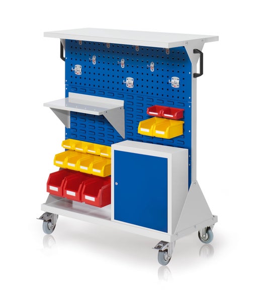 Werkbankwagen mit Lochwand, Ablagefläche, Schrank und Sortierkästen