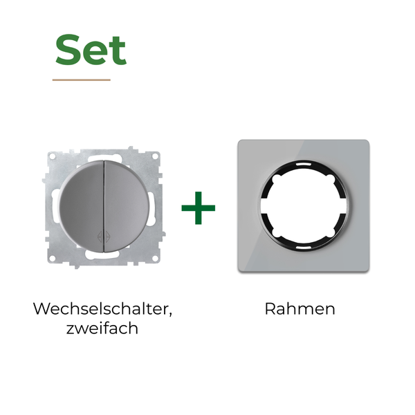 Set bestehend aus einem zweifachen Wechselschalter und einem passenden Rahmen zur Unterputzmontage