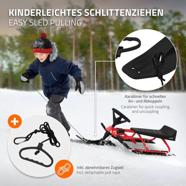 Hauki Lenkschlitten in Rot, Kinderschlitten Rodel ab 5 Jahre, Skibob für Kinder und Erwachsene bis 90 kg, Schlitten mit Lenkrad, Fußbremse, Zugseil, Sitz mit Rückenlehne, Stahlrahmen, 119 x 38 x 50 cm