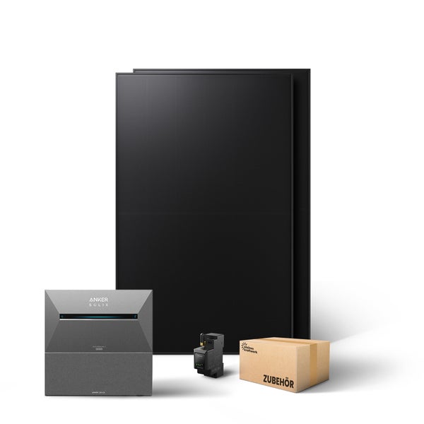 Balkonkraftwerk-Komplettset inklusive zwei Solarpanels, Anker Solix Solarbank 2 Pro, Smart Meter und Zubehör.