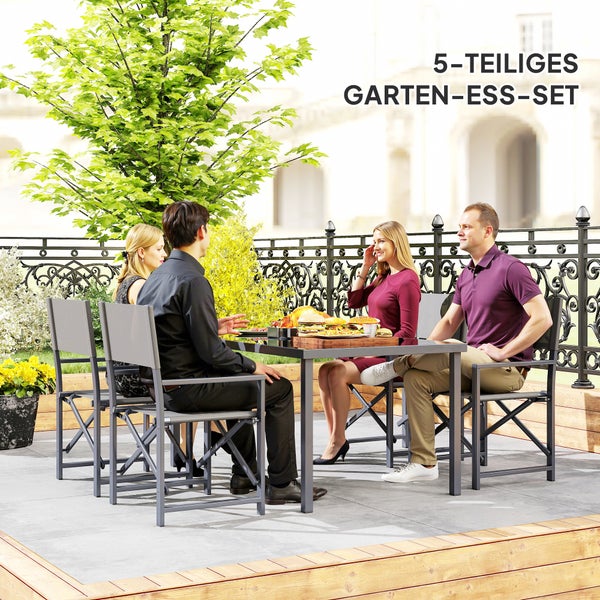 Outsunny Sitzgruppe 5-teilig Essgruppe Stahl für 4 Personen Esstisch mit 4 klappbar Stühlen Esszimmergruppe mit Glastisch Küchentisch-Set Balkonmöbel Gartenmöbel für Terrasse, Balkon Grau