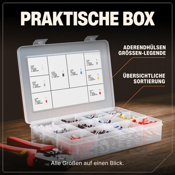 BAURIX ® 2000 Stück Aderendhülsen Sortiment I Isolierte Hülsen nach DIN 46228-4: 2020-03 I 0,5 mm² - 10 mm² I Profi Isolierhülsen Set