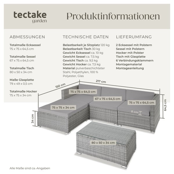 Rattan Lounge tectake Florenz mit Sicherheitsglasplatte für 3 bis 4 Personen hellgrau/dunkelgrau