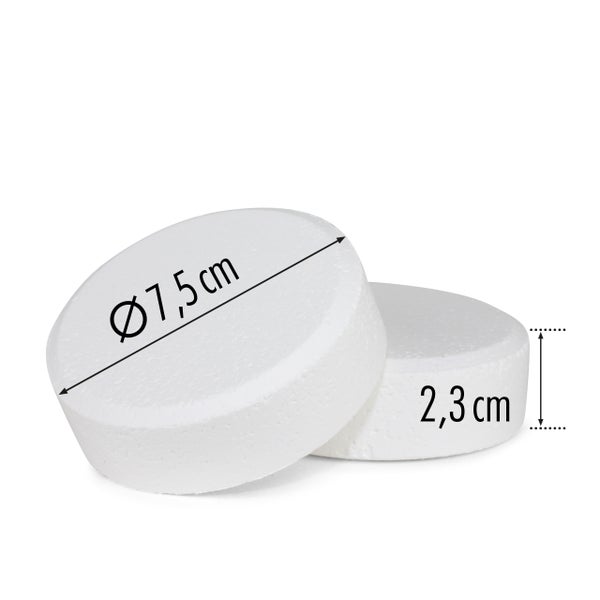 Zwei Styroporkörper, Durchmesser 7,5 cm, Höhe 2,3 cm