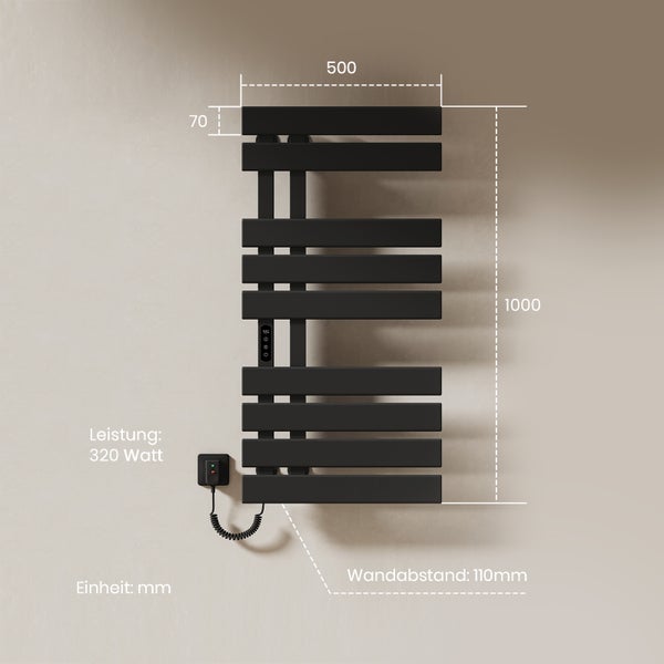 EMKE Elektrischer Badheizkörper 100x50 cm, Design-Handtuchheizkörper mit LCD-Display, Thermostat, Timer, Temperaturregelung, WiFi & App-Steuerung, 600W, Flachheizkörper für Bad, Schwarz, Linksanschluss