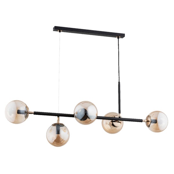 Moderne Hängeleuchte mit fünf kugelförmigen Glasschirmen und Metallgestell zur Deckenmontage