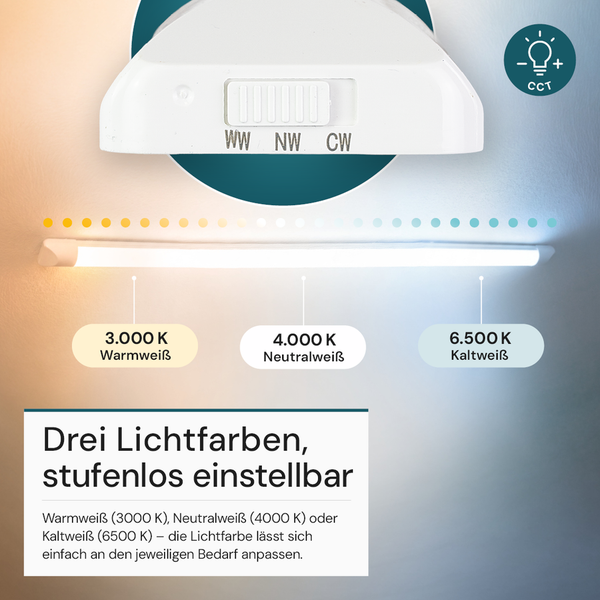 LED-Unterbauleuchte mit Schalter für stufenlos einstellbare Farbtemperaturen von 3000 Kelvin Warmweiß bis 6500 Kelvin Kaltweiß.