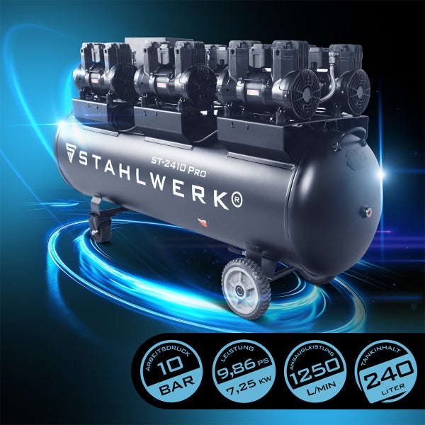 STAHLWERK ST-2410 PRO Kompressor mit einem Arbeitsdruck von 10 Bar und einem Tankinhalt von 240 Litern