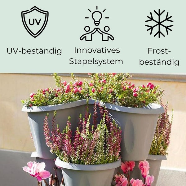 Stapelbare Pflanzgefäße mit UV-beständig Symbol, Innovatives Stapelsystem Symbol, Frostbeständig Symbol
