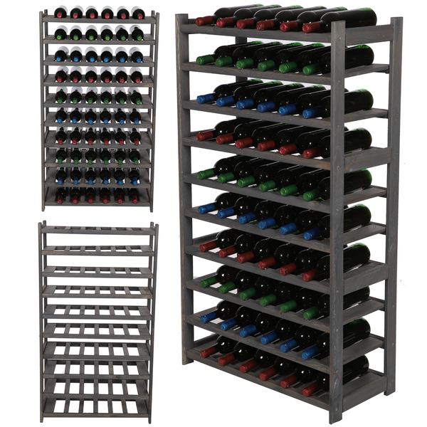 PROREGAL Weinregal SPREEWALD HxBxT 124x70x33cm 60 Flaschen auf 10 Ebenen Massives Kiefernholz Grau geölt