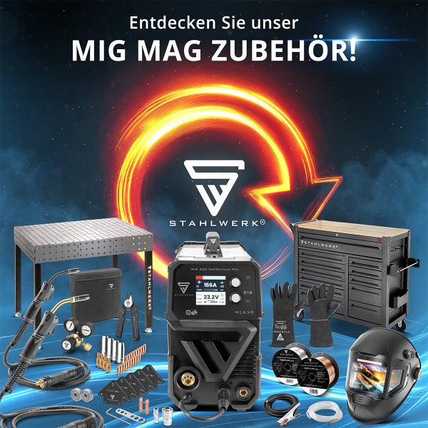 Stahlwerk MIG MAG Schweißzubehör mit Schweißgerät MIG 200 Doppelpuls Pro, Schweißtisch, Werkstattwagen und Schweißhelm. Stahlwerk Logo.