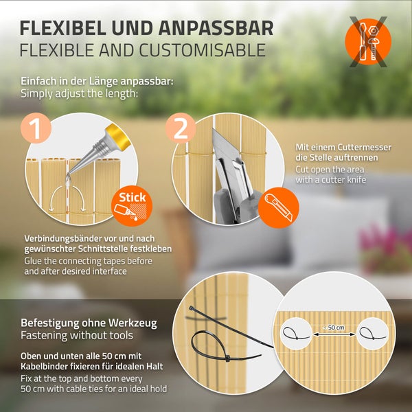 ECD Germany PVC Sichtschutzmatte 90 x 600 cm (2x 3m), Bambus, Sichtschutzzaun 3-Gewicht-Verstärkung, UV-beständig, Windschutz Balkonverkleidung Zaunblende, Sichtschutz für Garten, Balkon & Terrasse