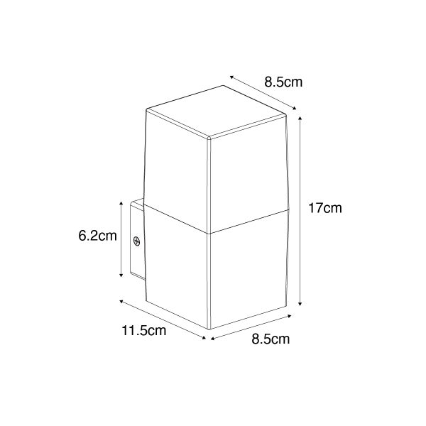 Maßzeichnung einer quaderförmigen Wandleuchte: Höhe 17 Zentimeter, Breite 8,5 Zentimeter, Tiefe 11,5 Zentimeter.