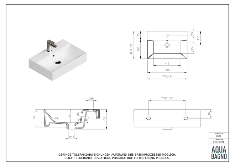 Technische Zeichnung eines Aufsatzwaschbeckens mit Abmessungen