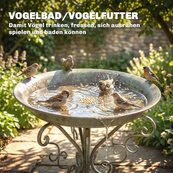 Dekoratives Vogelbad aus Metall mit Vogelfutter und kleinen Vögeln beim Baden und Fressen in einem hellen Garten.