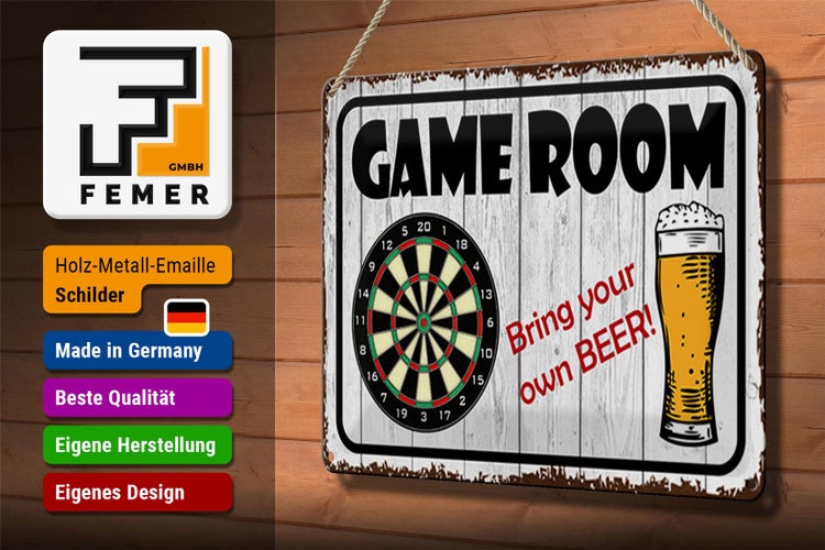 Blechschild Spruch 30x20cm Dart game room bring your Beer