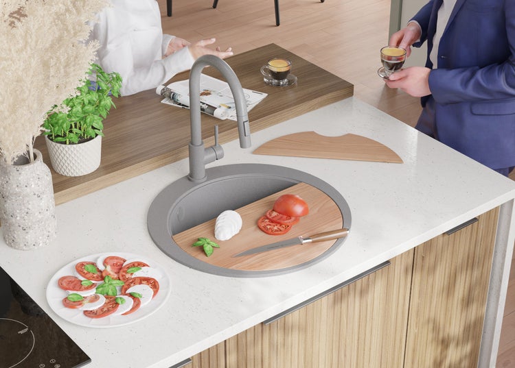 PRIMAGRAN Spülbecken Rund Grau 53x53cm, Granitspüle 1 Becken + Ablauf-Set + Schneidebrett, Küchenspüle ab 50er Unterschrank - Pisa Max
