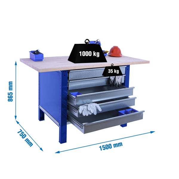 Werkbank BUFFALO WOOD mit 5x Schublade | HxBxT 86,5x150x75cm | Traglast 1000kg | Blau