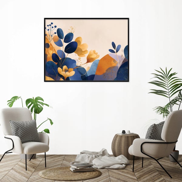 Dekorative Wandkunst mit abstrakten Blumenmotiven im Wohnzimmer