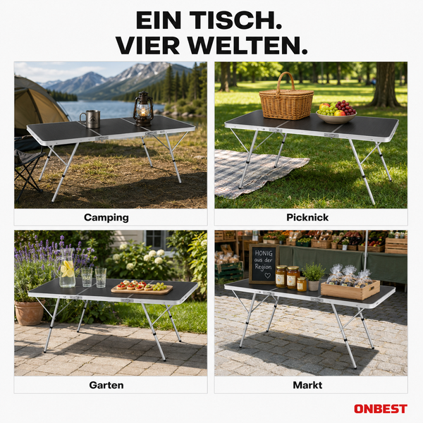 Tragbarer Klapptisch aus Aluminium in vier Szenen: beim Camping am See, Picknick auf einer Wiese, im Garten und als Marktstand. ONBEST Logo.