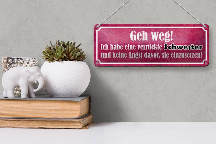 Blechschild Spruch 27x10cm ich habe eine verrückte Schwester Dekoration