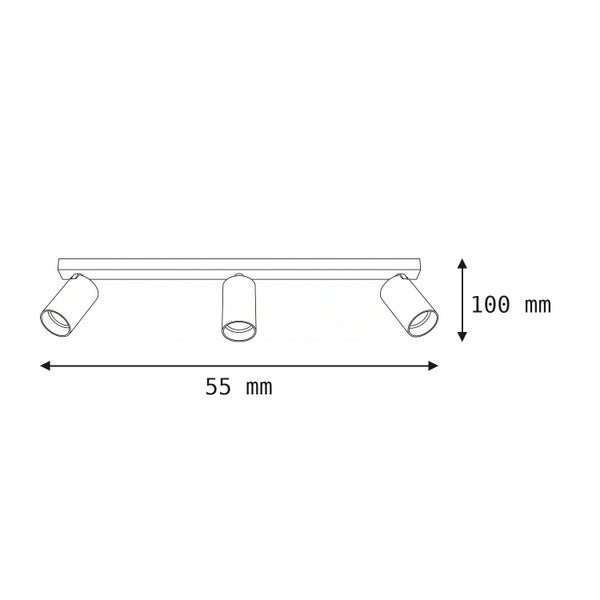 Technische Zeichnung einer dreiflammigen Deckenleuchte mit Maßangaben von 55 Millimeter Länge und 100 Millimeter Höhe.