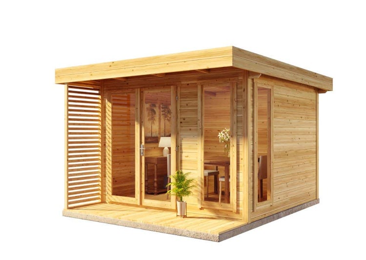 Modernes Gartenhaus aus Holz mit Flachdach, bodentiefen Glasfenstern und Doppeltür sowie einer Lamellenseitenwand.