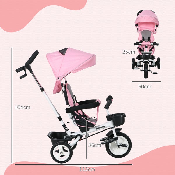 HOMCOM 6-in-1 Dreirad mit Schubstange, 112L x 50B x 104H cm, Polyester, Metall, Rosa