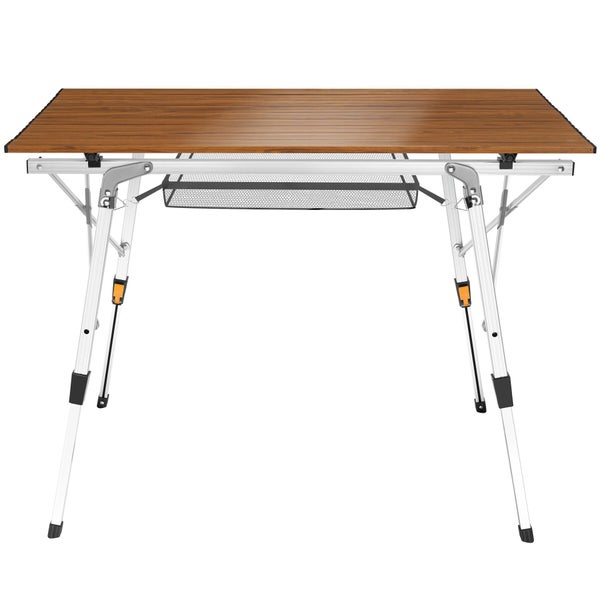 Klappbarer Campingtisch mit Aluminiumgestell, Rollplatte in Holzoptik, höhenverstellbaren Beinen und Ablagenetz.