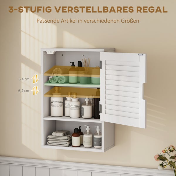 Weißer Badezimmer-Hängeschrank mit Lamellentür und dreistufig höhenverstellbarem Einlegeboden in 6,4 Zentimeter Schritten.