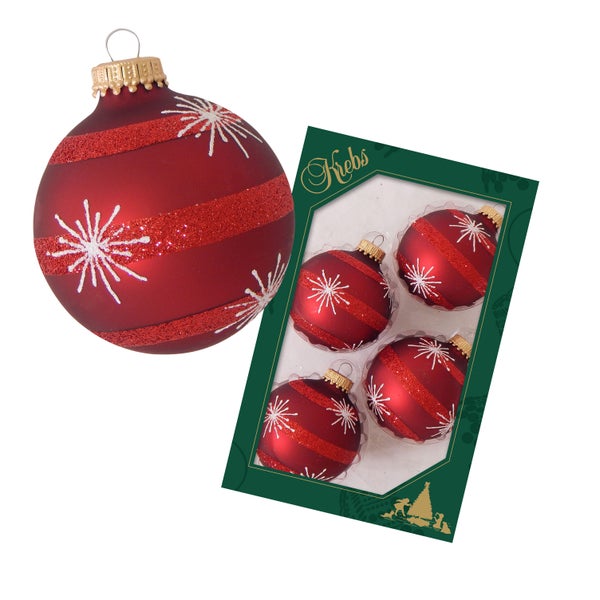 Rot matte 7cm Glaskugel handdekoriert mit weißen Sternschnuppen und breiten Streifen mit rotem Glitter, 4 Stck., Weihnachtsbaumkugeln, Christbaumschmuck, Weihnachtsbaumanhänger