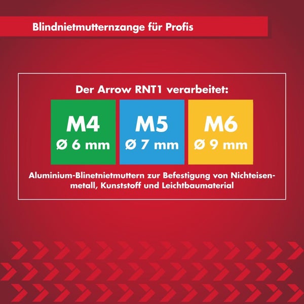 Spezifikationen der Arrow RNT1 Blindnietmutternzange für M4, M5 und M6 Aluminium-Blindnietmuttern mit 6 mm, 7 mm und 9 mm Durchmesser.
