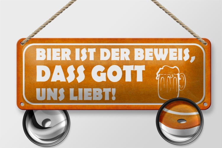 Blechschild Spruch 27x10cm Bier ist Beweis Gott liebt uns Dekoration