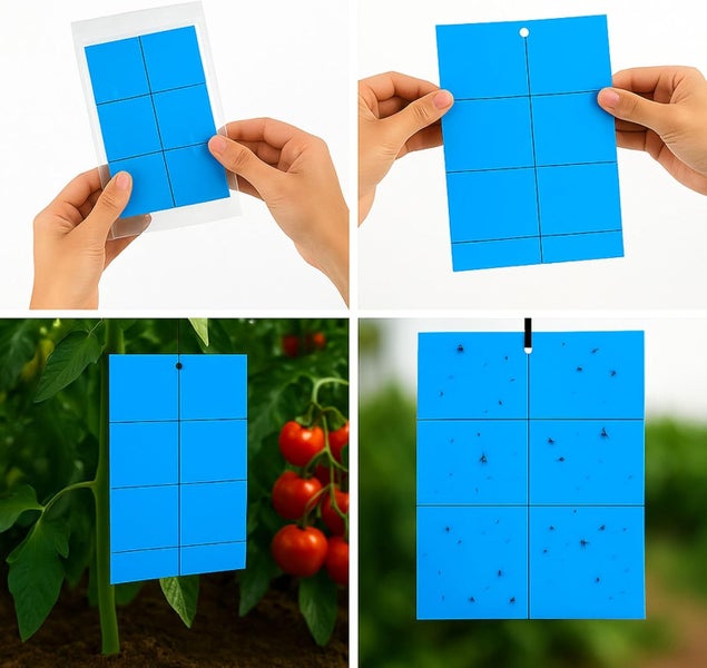 Blaue Leimtafeln zur Insektenbekämpfung: Auspacken, Vorbereiten, Anwendung an einer Tomatenpflanze und gefangene Insekten.
