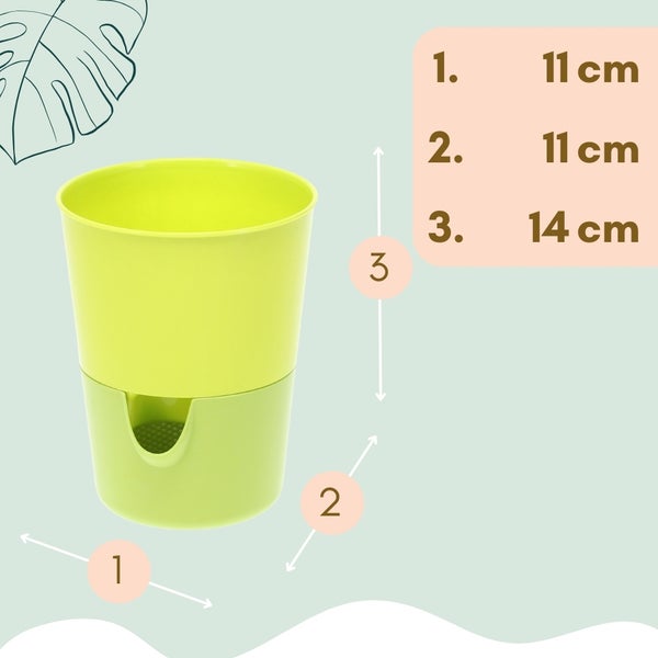 Abmessungen eines hellgrünen Blumentopfs: 1. Breite 11 cm, 2. Breite 11 cm, 3. Höhe 14 cm