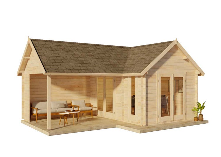 Gartenhaus mit überdachter Terrasse und Gartenmöbeln