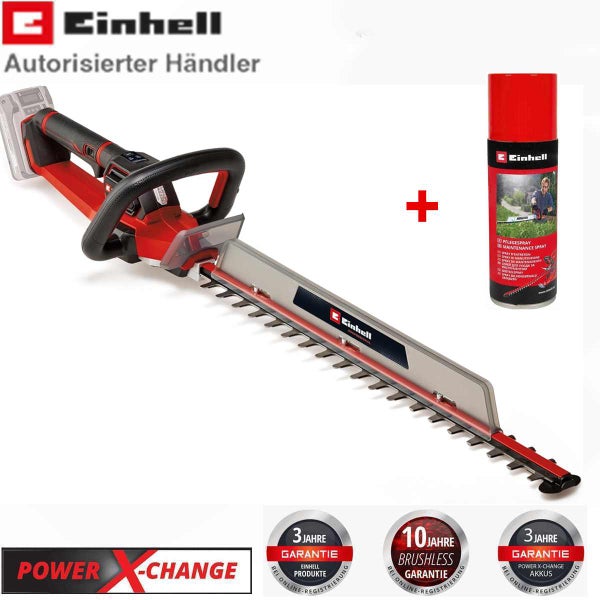 Einhell Akku-Heckenschere mit Pflegespray, inklusive Herstellergarantie-Logos und Power X-Change Akku-System.