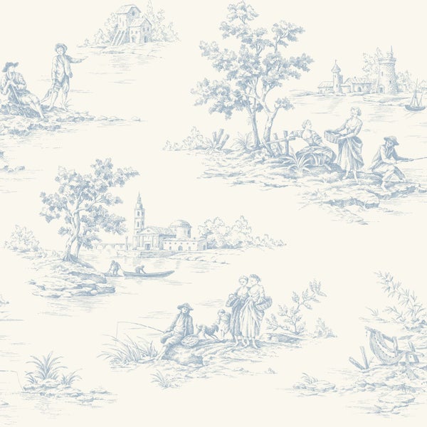 Tapete mit Toile-de-Jouy-Muster, pastorale Szenen mit Menschen, Bäumen und Gebäuden in Blau.