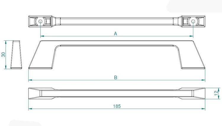 Technische Zeichnung eines Möbelgriffs mit Bemaßung in Millimeter für die Montage