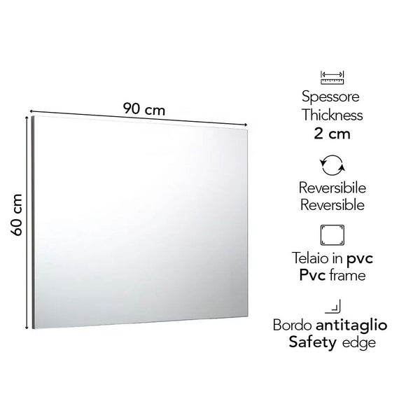 Rechteckiger Spiegel 90 mal 60 Zentimeter mit Rahmen aus PVC und Sicherheitskante