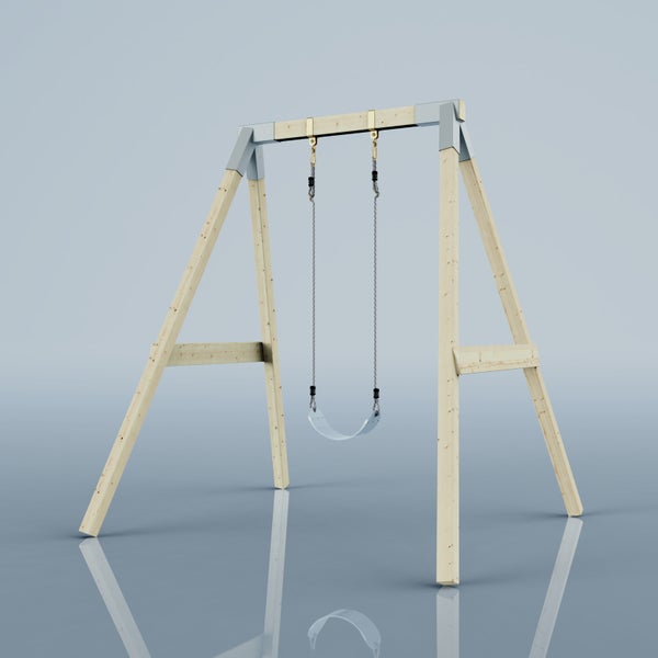 Schaukelgestell aus Holz mit A-Rahmen, Metalleckverbindern und einem Sitz an Seilen.