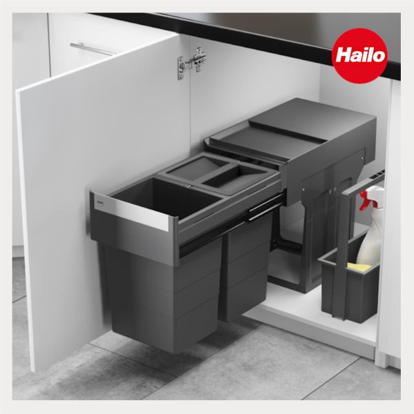 Hailo Mülltrennsystem zum Ausziehen für den Küchenunterschrank mit mehreren Behältern und Reinigungskorb. Hailo Logo.