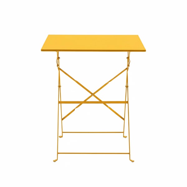 Gelber klappbarer Gartentisch aus Metall, rechteckige Tischplatte, Bistro-Stil.