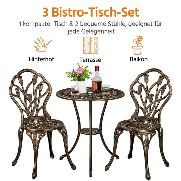 Dreiteiliges Bistro-Set aus Metall mit Blumenmuster, bestehend aus einem runden Tisch und zwei Stühlen, geeignet für Hinterhof, Terrasse und Balkon.
