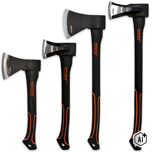 Set aus vier verschiedenen Hecht Äxten und Spaltäxten mit robusten Stielen für Gartenarbeiten.
