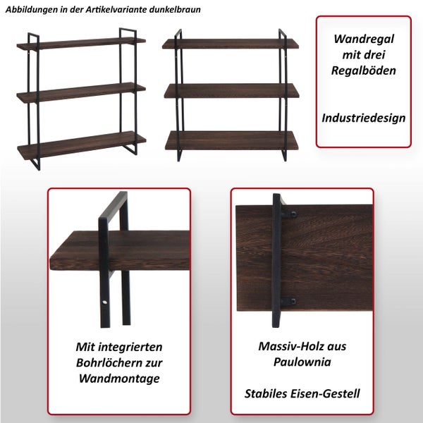 Wandregal mit drei Regalböden, Industrie Design, aus Paulownia Massivholz und Eisen Gestell